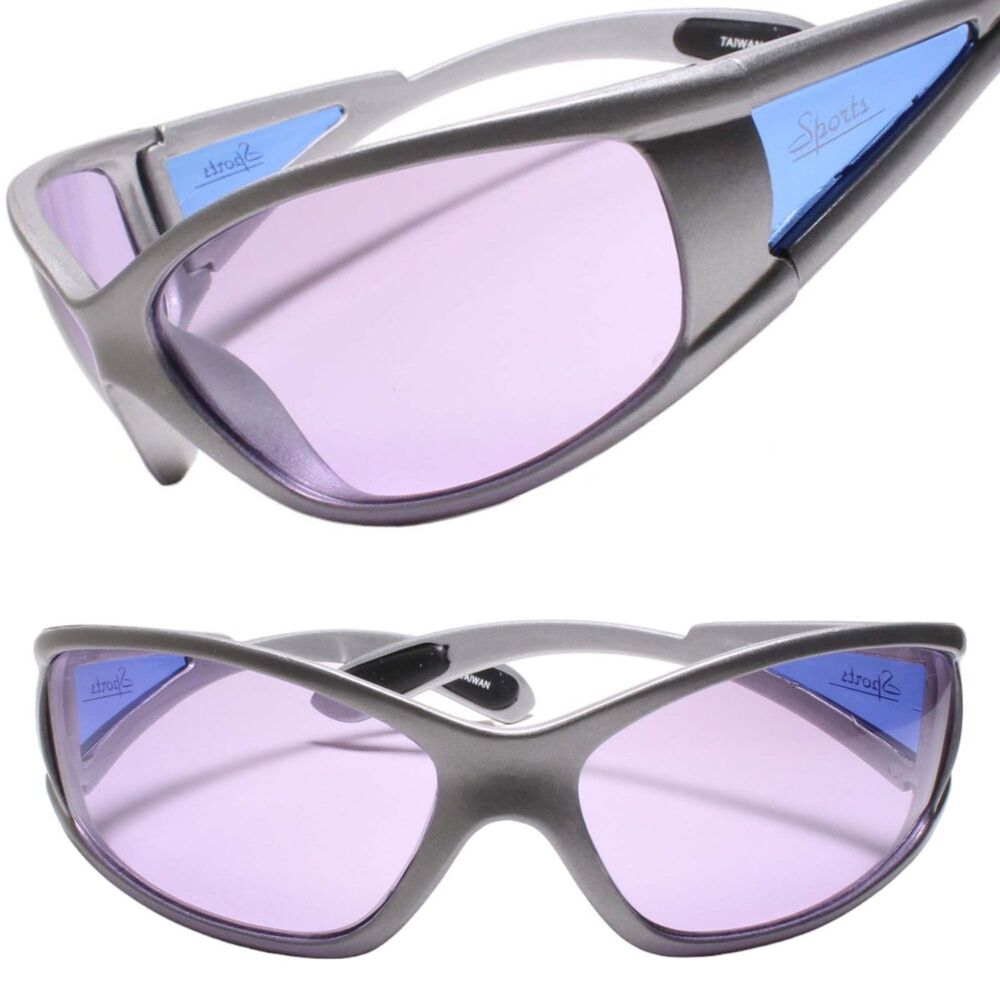 Classic Wrap Around Vintage Sporty Design Silver Sunglasses Purple Lens